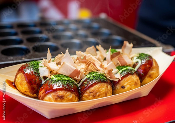 Obraz 熱々！日本の定番屋台グルメ、食欲そそる絶品たこ焼き