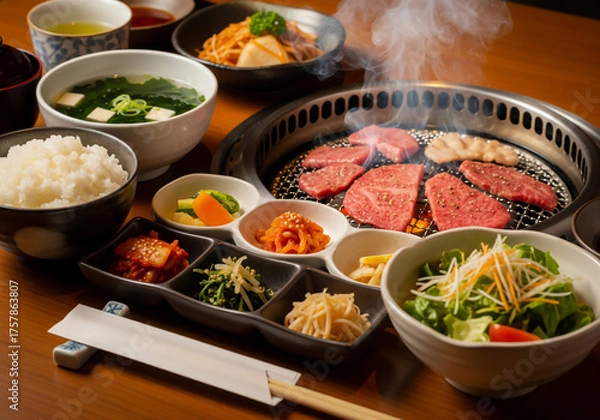 Obraz 食欲をそそる焼肉定食：豪華なサイドメニューと白米で味わう至福のひととき
