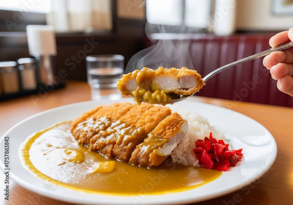 Obraz 湯気立つ熱々！サクサクとんかつの絶品カツカレー