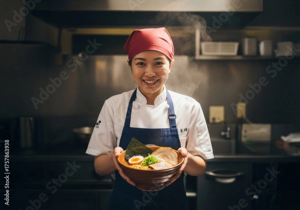 Obraz 笑顔の女性店員が提供する、湯気立つ本格ラーメン - 日本の美食と温かいおもてなし