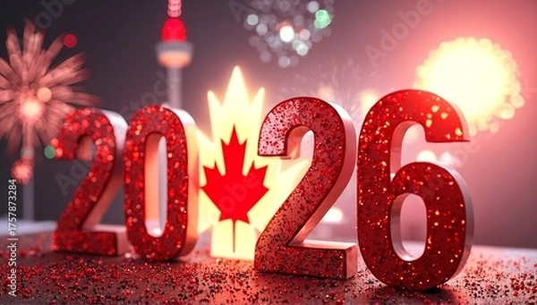Obraz Glittering red numbers and a glowing maple leaf mark a celebratory moment, with dazzling fireworks illuminating a city night sky.