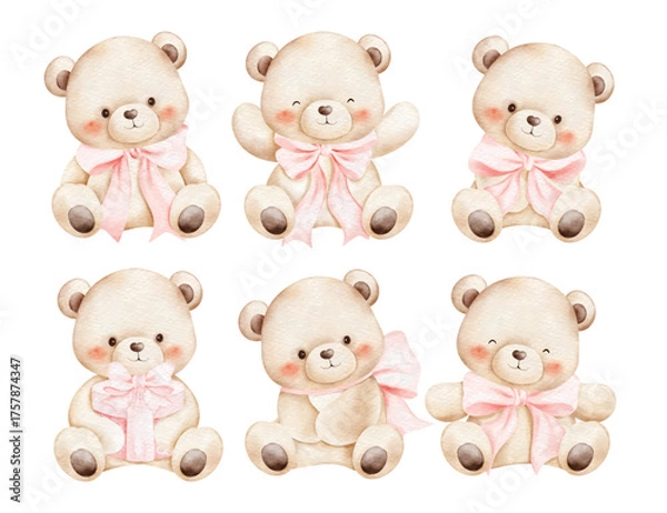 Fototapeta Watercolor Illustration Set of Bears with Pink Bow