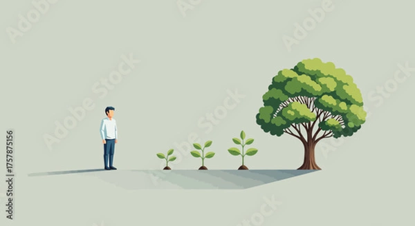 Fototapeta Vector Illustration of Personal Growth Concept – Minimal Flat Design Person Beside Small Plant Growing into Tree