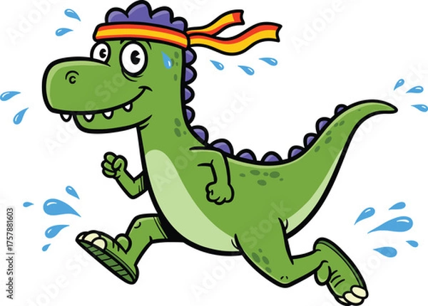 Obraz Cartoon green dinosaur running with striped headband, cheerful expression, sweat droplets, fitness theme, animated character, white background, fun illustration