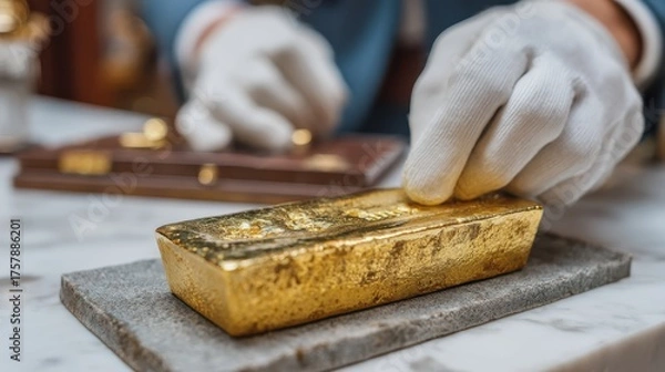 Fototapeta Banker in clean suit inspecting gold bar with white gloves luxury office professional environment close-up view