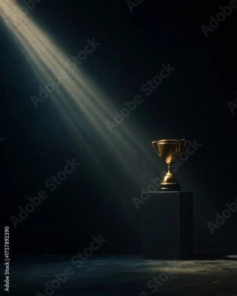 Fototapeta Trophy illuminated by single spotlight on stage, editorial concept photograph representing success, recognition, and the pursuit of excellence