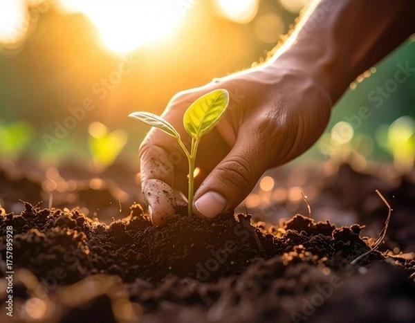 Obraz Person Planting Seedling in Dark Brown Soil Against Golden Sunlight