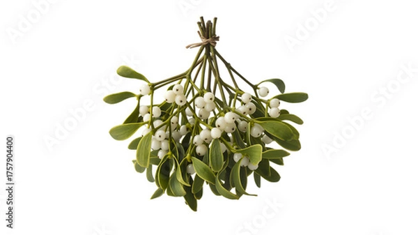 Fototapeta Bunch of mistletoe with white berries and green leaves isolated on a transparent background plant herb