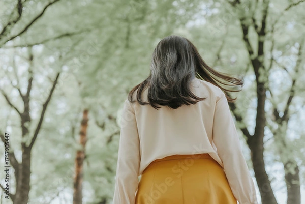 Obraz Woman from behind walking in a lush green park with trees and soft natural light