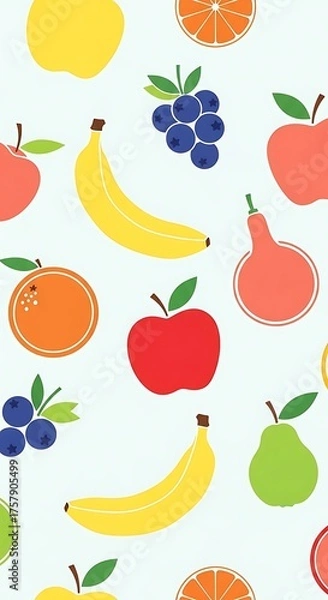 Fototapeta Colorful Fruit Pattern with Apples, Bananas, and Grapes.