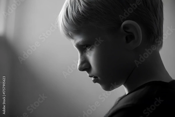 Fototapeta Closeup profile of a young boys face in dramatic black and white lighting