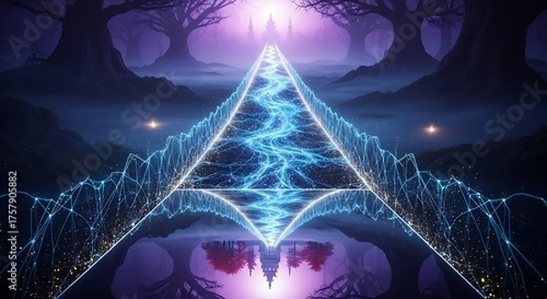 Fototapeta Mystical Geometric Pyramid with Energy and Light in a Dark Scene.