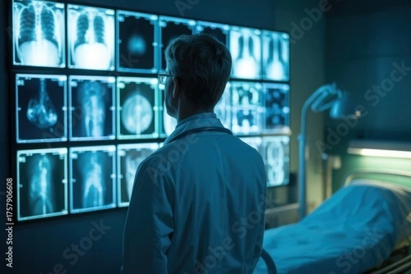 Obraz A doctor reviews xrays on a screen in a hospital room