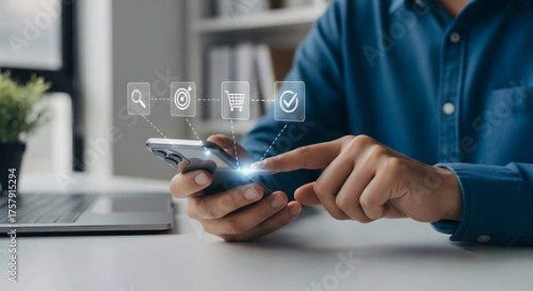 Fototapeta Modern man enjoys online shopping using phone with virtual interface