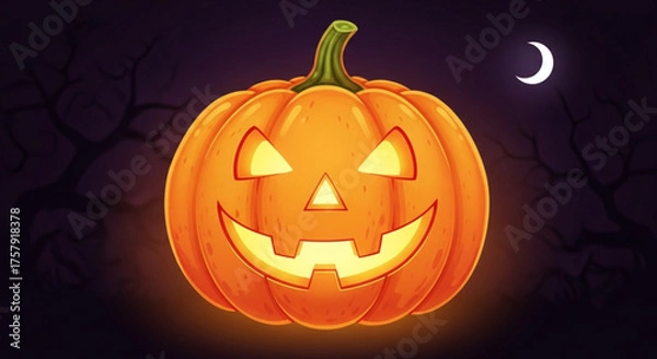 Fototapeta Spooky halloween pumpkin jackolantern with glowing face in the dark night, perfect for halloween decorations, invitations, and spooky designs