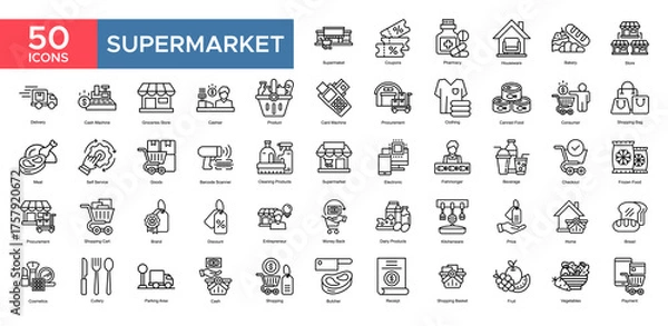 Fototapeta Supermarket collection set. Deliver,Skill,Product,Strategy,Consumer,Shopping Bag,Discount, icon. Simple outline vector illustration