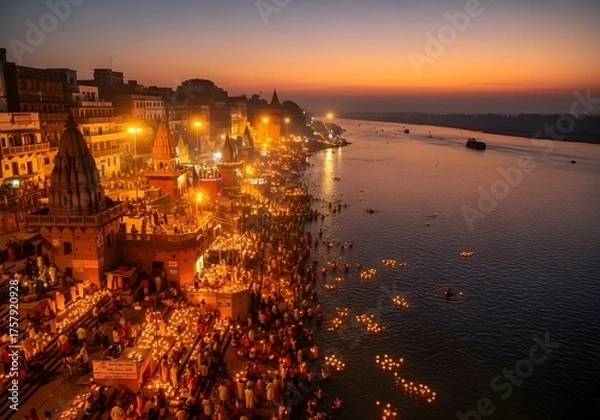 Fototapeta Sacred Varanasi ghats illuminated at sunset with ancient temples along Ganges river showing spiritual atmosphere and religious pilgrimage site