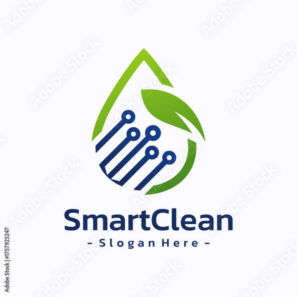 Fototapeta Eco-Tech Drop logo template design. Water drop, leaf and circuit board icon concept. Vector illustration