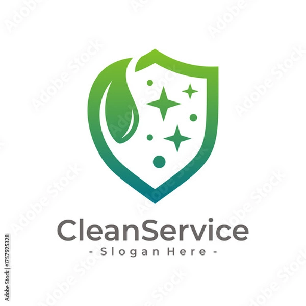 Fototapeta Creative Green Shield Logo Vector with Leaf Icon. Design template for technology-based eco-friendly cleaning services.