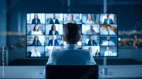Fototapeta Man attentively watches group video call, captivated by interaction of stakeholders and collaborative spirit conveyed through screen