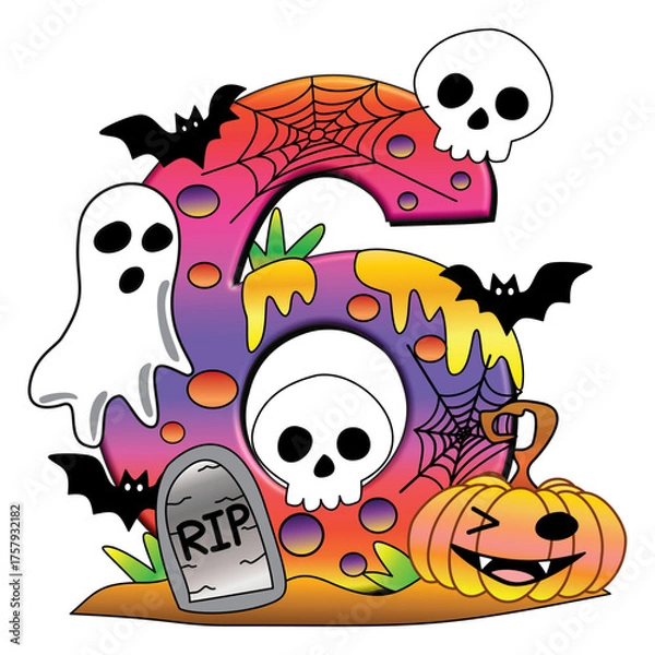 Obraz Spooky Halloween Number Six Illustration with Pumpkin, Ghost and bat.