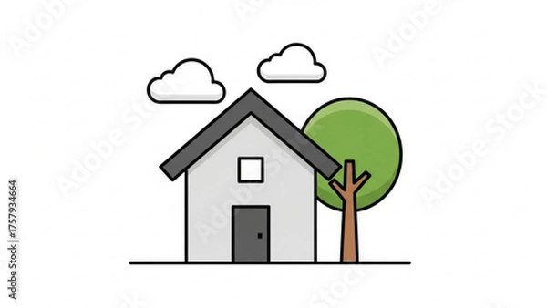 Fototapeta A simplified, modern illustration of a house with a tree and clouds, representing home, dwelling, and residential concepts in a clean, minimalist style