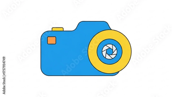 Fototapeta A simple, stylized illustration of a blue camera with a yellow lens, representing photography and capturing memories, perfect for visual storytelling and creative projects