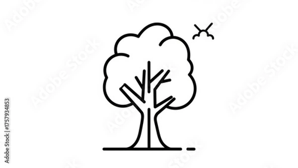 Fototapeta A simple, minimalist line art illustration of a deciduous tree with branches and a small sun or cloud icon in the upper right corner, evoking nature and simplicity