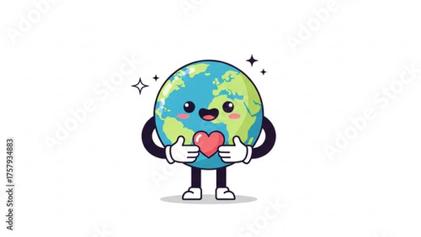 Fototapeta Cute cartoon Earth character holding a heart symbol, representing love and care for the planet, ideal for environmental awareness campaigns and eco-friendly messaging