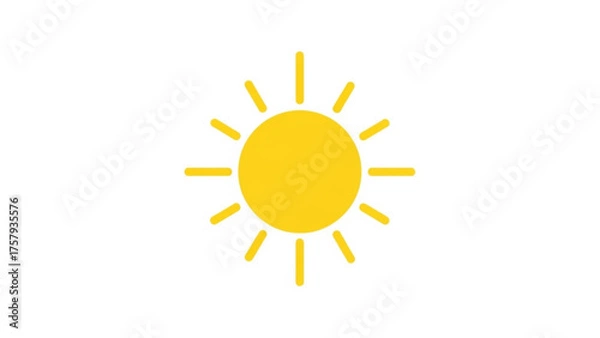 Fototapeta A simple, bright yellow sun icon with rays extending outward against a clean white background, symbolizing light, warmth, and daytime