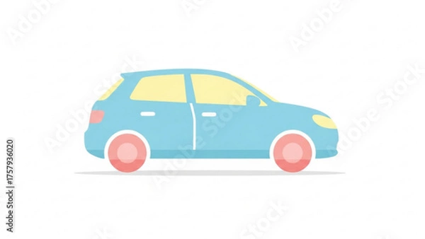 Fototapeta A simple cartoon drawing of a light blue car with red wheels, parked in a white background, representing transportation and personal vehicles