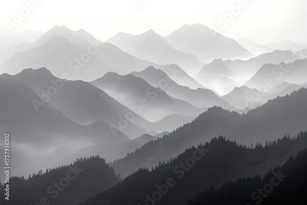 Fototapeta Monochrome image of layered mountain ranges fading into mist creating a serene and tranquil atmosphere