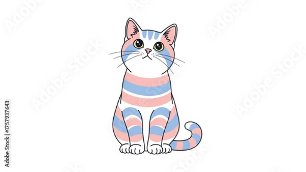 Fototapeta An endearing cartoon illustration of a seated cat, showcasing the transgender flag's colors in its fur, against a clean white backdrop, evoking a sense of inclusivity and pride