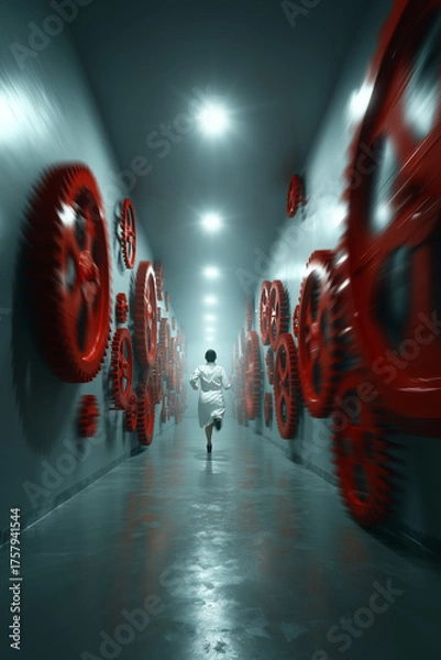 Obraz Racing Against Time – Man Running from Giant Clock Gears in Futuristic Hallway