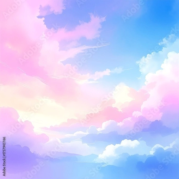 Obraz A vibrant blue sky adorned with fluffy white clouds, as sleek airplanes soar gracefully through the air, leaving trails of vapor behind them.