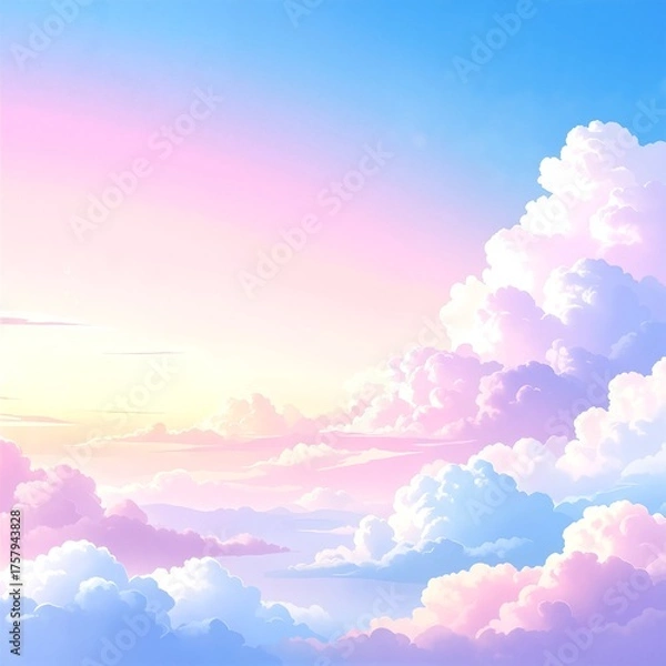 Obraz A vibrant sky filled with fluffy white clouds, illuminated by the warm golden rays of the sun peeking through, creating a serene and uplifting atmosphere.