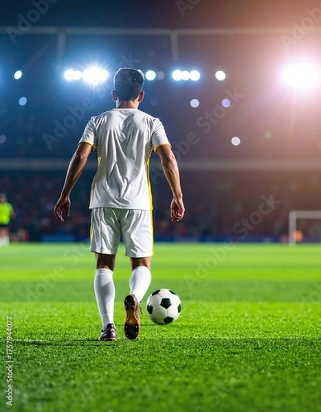 Obraz A focused soccer player strides confidently across a vibrant green field, wearing a bright jersey and cleats, with a soccer ball nearby under a clear blue sky.