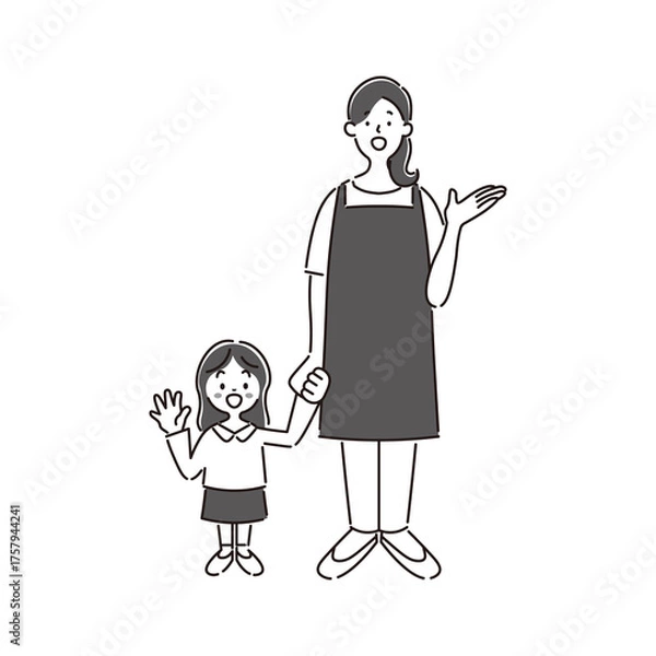 Obraz 案内している女性保育士と女の子の園児のシンプルな白黒の線画イラスト素材
