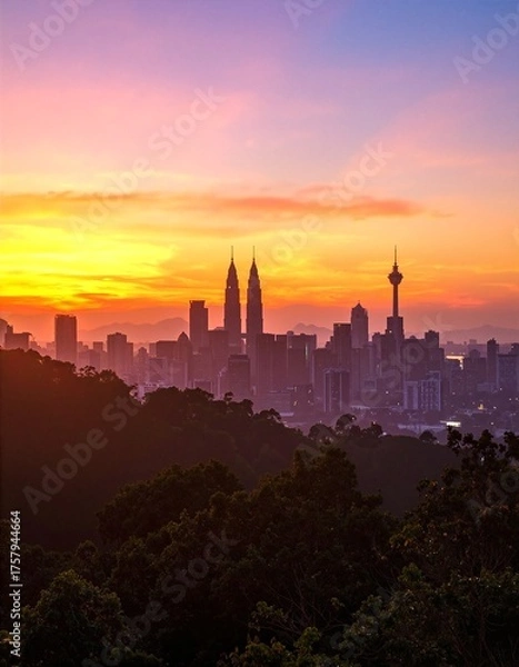 Fototapeta A breathtaking view of the city skyline at sunset, with vibrant hues of orange and pink reflecting off glass buildings, silhouetted against a dusky sky.