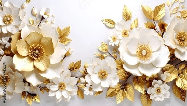 Obraz A stunning wall-mounted flower arrangement featuring elegant white blooms and shimmering gold accents, creating a luxurious and sophisticated ambiance.