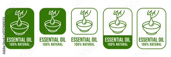 Fototapeta Essential oil drop icon beauty and skincare natural product certificate label. Essential oils sticker logo for body lotion, cream, shampoo, moisturizer, spa wellness fragrance. Vector Illustration.