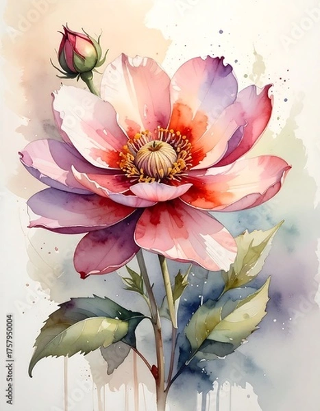 Obraz Watercolor Pink Flower Painting with Bud and Leaves.