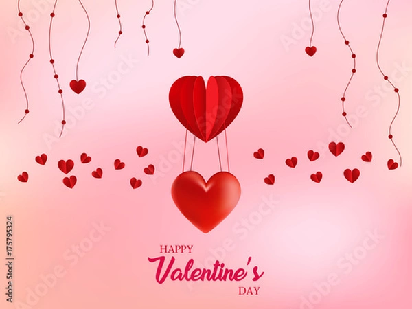 Fototapeta Valentine's day abstract background with pink paper hearts. Valentines day with paper cut red heart shape balloon flying and hearts decorations in white background. Vector illustration.
