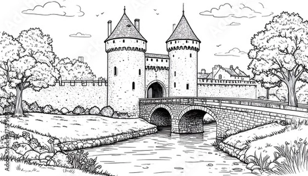 Obraz Medieval Castle with Bridge and Towers Coloring Page.
