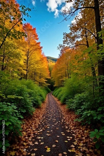 Fototapeta Sun dappled forest path winding through vibrant autumn foliage, inviting exploration. A winding forest trail during peak autumn foliage, with sunlight filtering through the dense canopy and