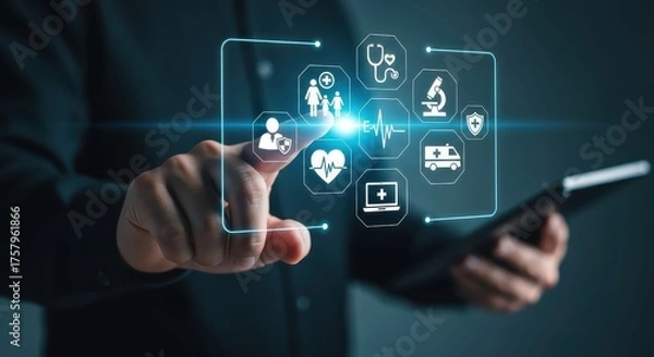 Obraz Businessman Interacting with Digital Healthcare Management System Interface on Futuristic Touch Screen