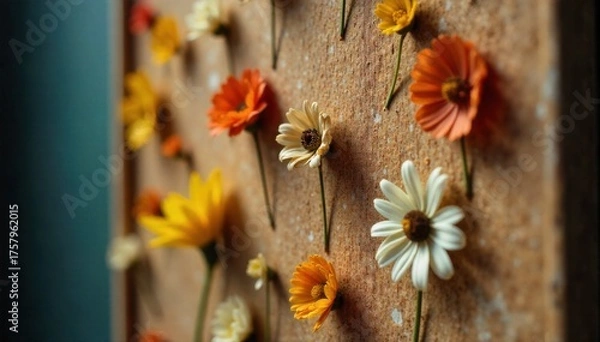 Fototapeta Close up of a vintage corkboard textured with pinned botanical specimens and dried flowers. Extreme close up of a vintage corkboard surface. Several dried botanical specimens and delicate pressed