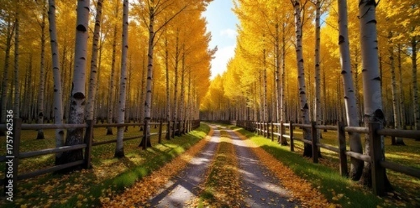 Fototapeta Sunlit Path Through a Birch Forest in Autumn A winding, unpaved path disappearing into a dense forest of white birch trees during peak autumn. The canopy is filled with golden yellow leaves, allowing