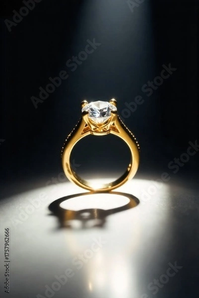 Fototapeta Diamond Ring Illuminated by a Single Beam of Light A solitary diamond ring with a yellow gold band, intensely illuminated by a single, sharp beam of light against a completely black, void background.