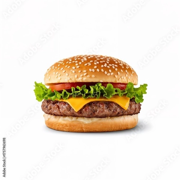 Obraz Hamburger with beef patty, lettuce, tomato, and cheese isolated on white background.